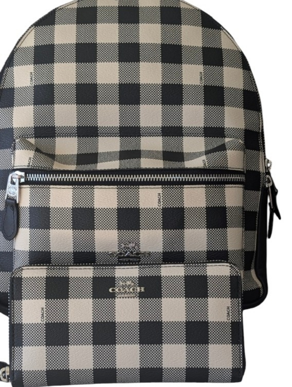 Coach CHARLIE GINGHAM PRINT BLACK/SILVER Backpack & Lg Continental Wallet - Picture 7 of 13
